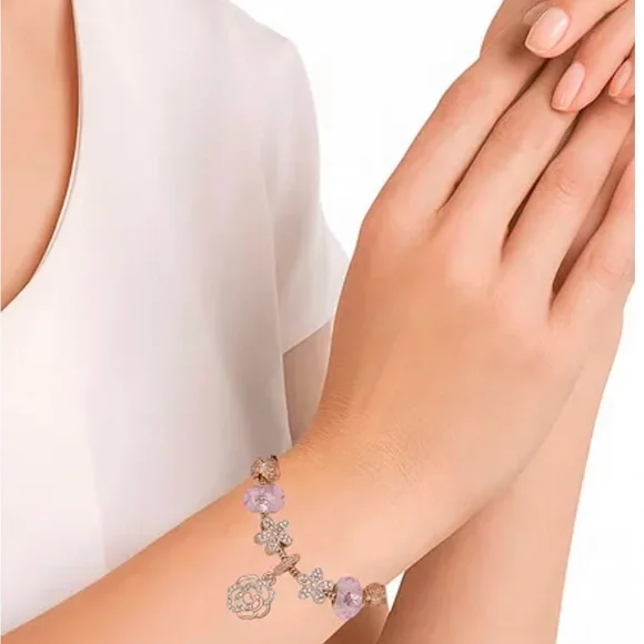 Floral Crystal Stone Charm Elegant Rose Gold and Pink Charm Bracelet - Picture 3 of 3